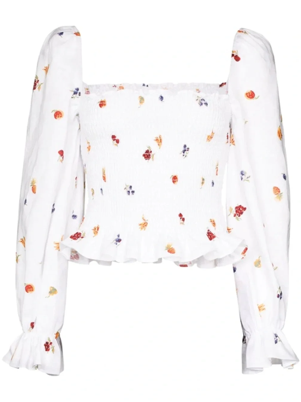 Reformation White Floral Smocked Square-Neck Blouse